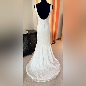 NWT Lulus Eternal Happiness White Lace Square Neck Mermaid Wedding Dress Small